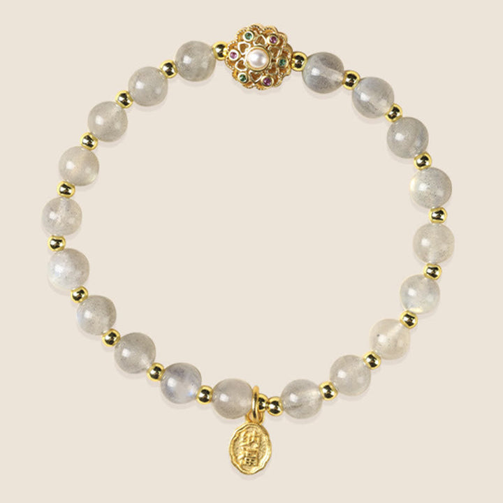 Armband Erdbeerquarz Labradorit Fu-Zeichen Naturstein goldene Perlen elegant.
