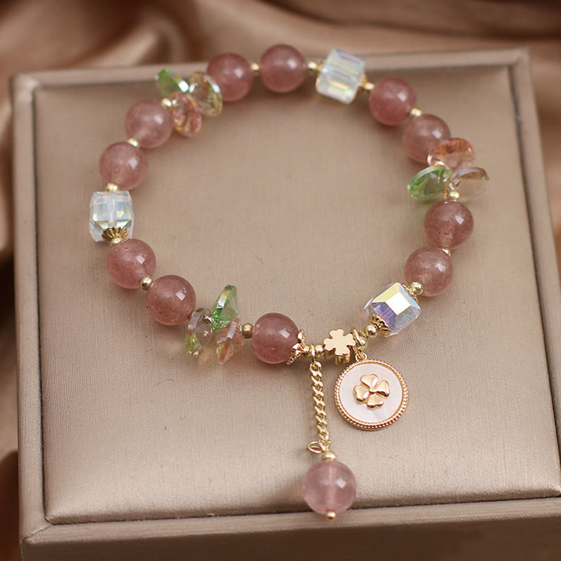 Armband Erdbeerquarz Kleeblatt Rosa Perlen Glück Heilung Gold
