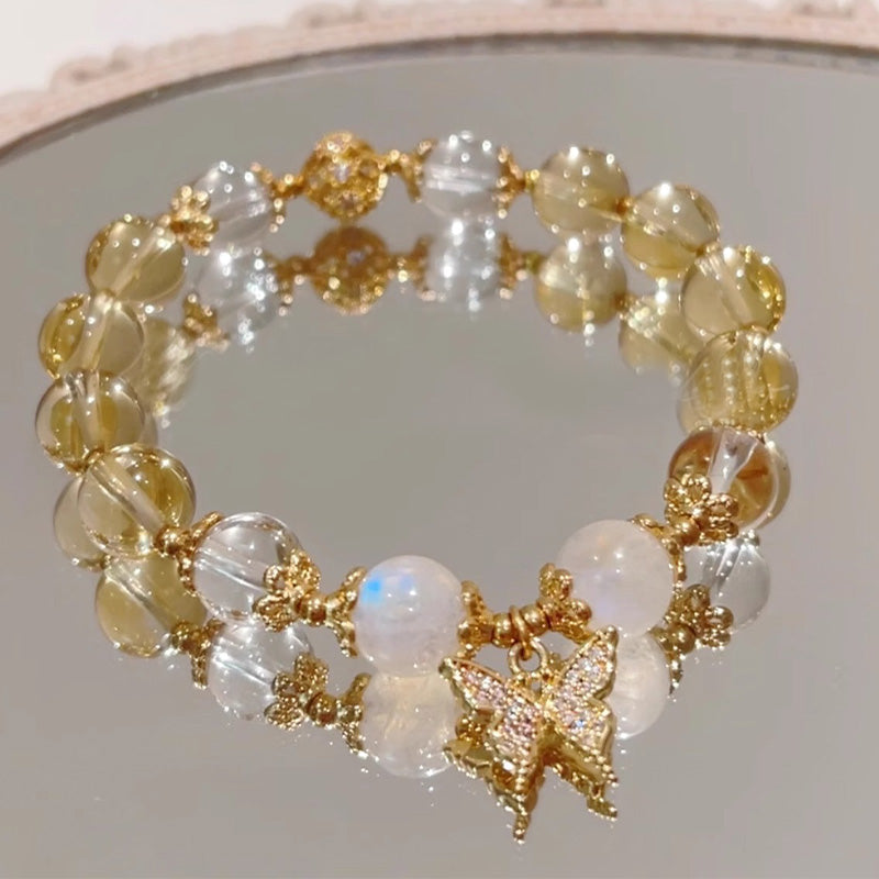 Armband Mondstein Citrin Schmetterling goldene Perlen Schmetterlingsanhänger elegant