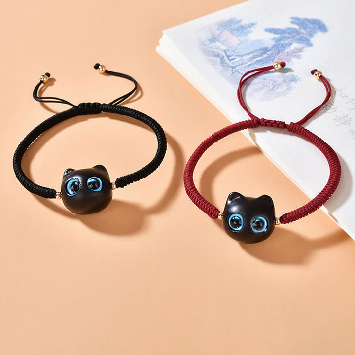 Armband Ebenholz Katze mit blauen Augen elastisch verstellbar