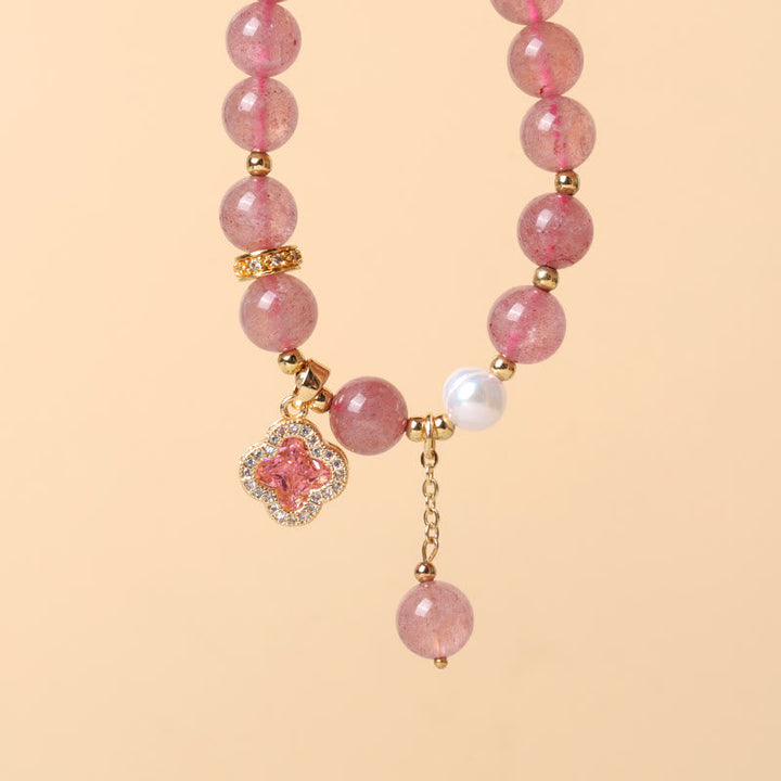 Armband Erdbeerquarz Perle Kleeblatt rosé Goldfarben elegant Heilung Liebe