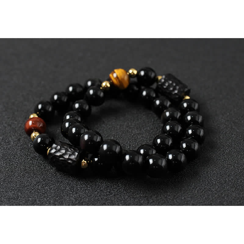 Armband Schwarzer Obsidian Tigerauge Paar Stärke elastisch Naturstein glänzend