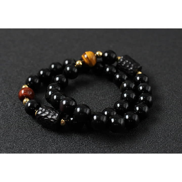 Armband Schwarzer Obsidian Tigerauge Paar Stärke elastisch Naturstein glänzend
