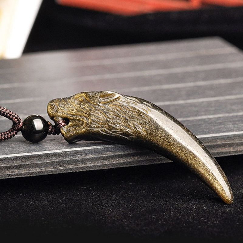 Obsidian Anhänger Kette Wolf Wolfszahn Natur Stärke