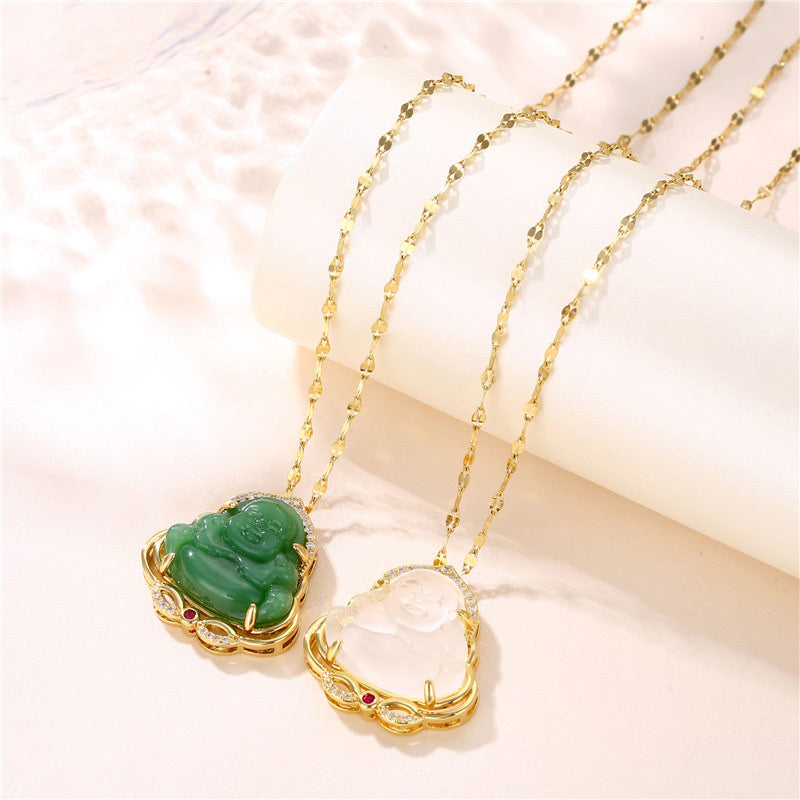 Kette Jade Lachender Buddha Gold Anhänger grün weiß