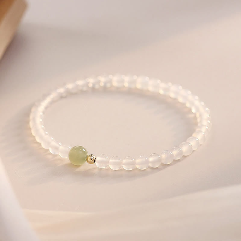 Armband Achat Jade – Schutz & Glück grüner Stein elastisch Naturperlen weiß