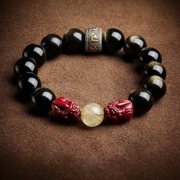 Armband Obsidian Zinnober Om Mani Padme Hum Schutz schwarze Perlen