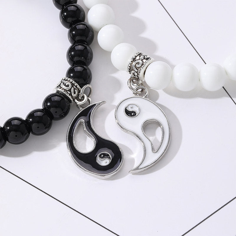 Yin Yang Armband Schwarzer Onyx Weiß Perlen Flachlage Schmuck