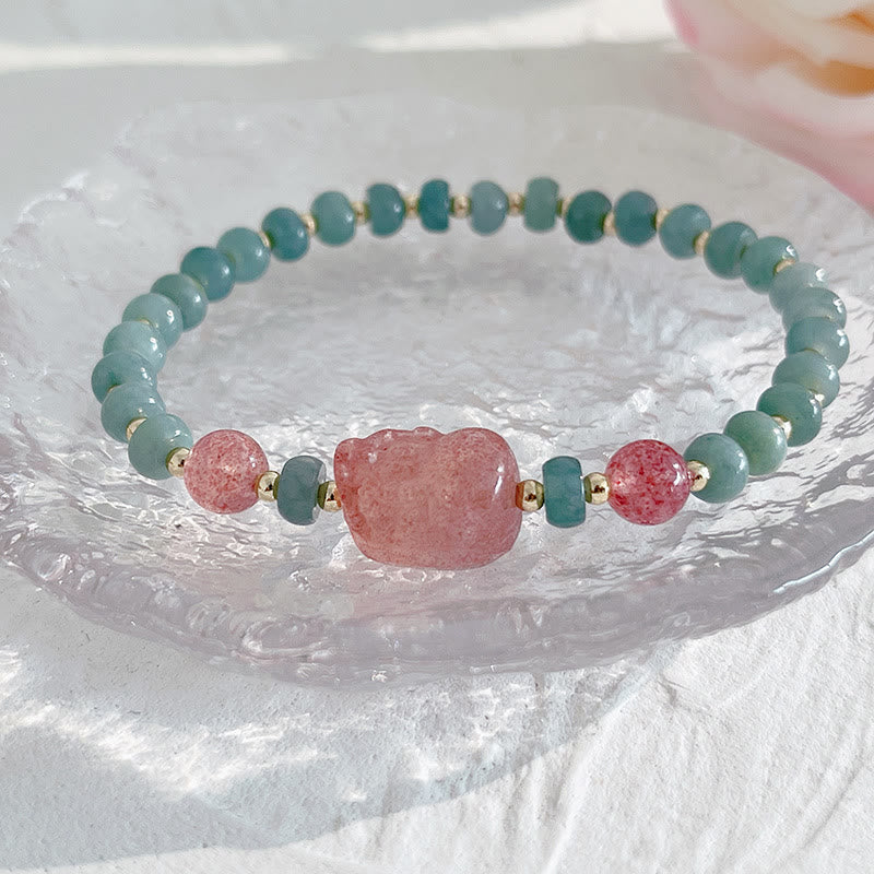Armband Erdbeerquarz Perle Fu-Zeichen grüner Aventurin Naturstein elastisch