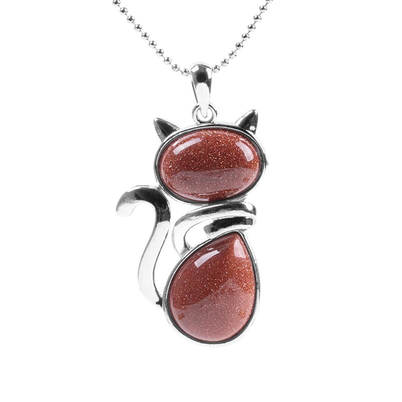 Silber Kette Katze Anhänger rote Glitzerstein Naturstein Schmuck