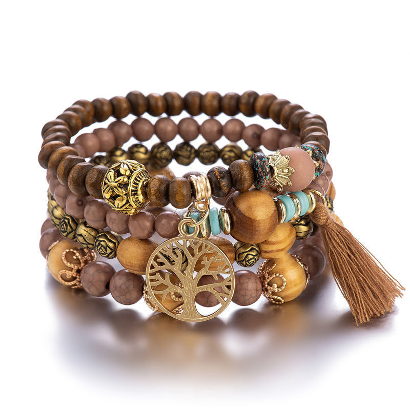 Armband – Heilung aus Holzperlen mit Baum-Anhänger braun