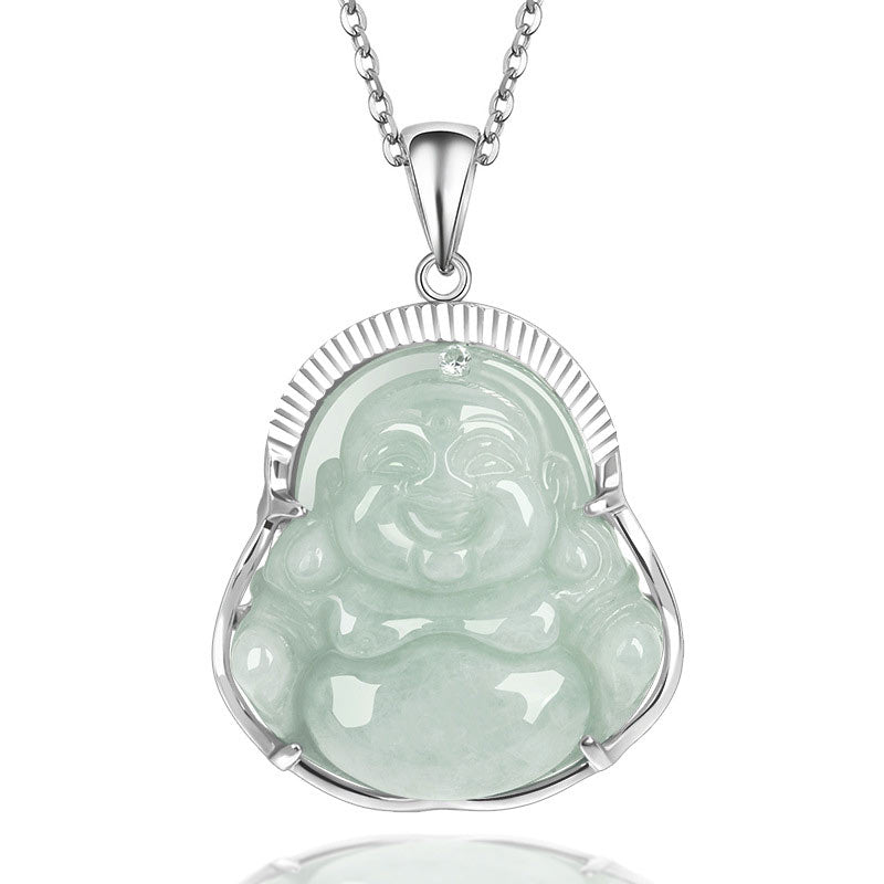 Kette Jade Lachender Buddha – Echter Naturstein – Kette Jade Lachender Buddha Anhänger grüner Stein Silber Fassung