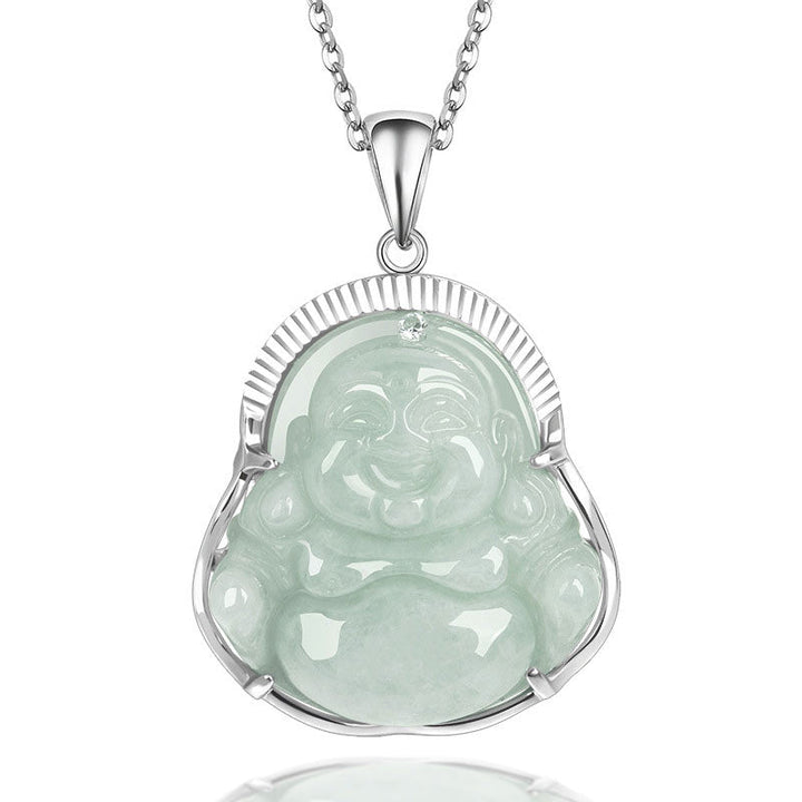 Kette Jade Lachender Buddha – Echter Naturstein – Kette Jade Lachender Buddha Anhänger grüner Stein Silber Fassung
