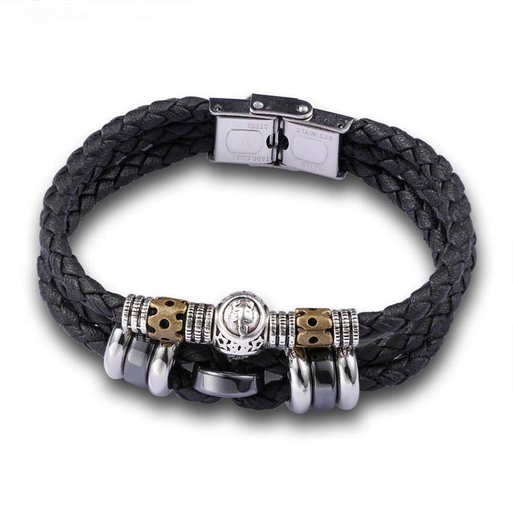 Schwarzes Lederarmband mit Hämatit und Tierkreiszeichen Charm Stainless Steel
