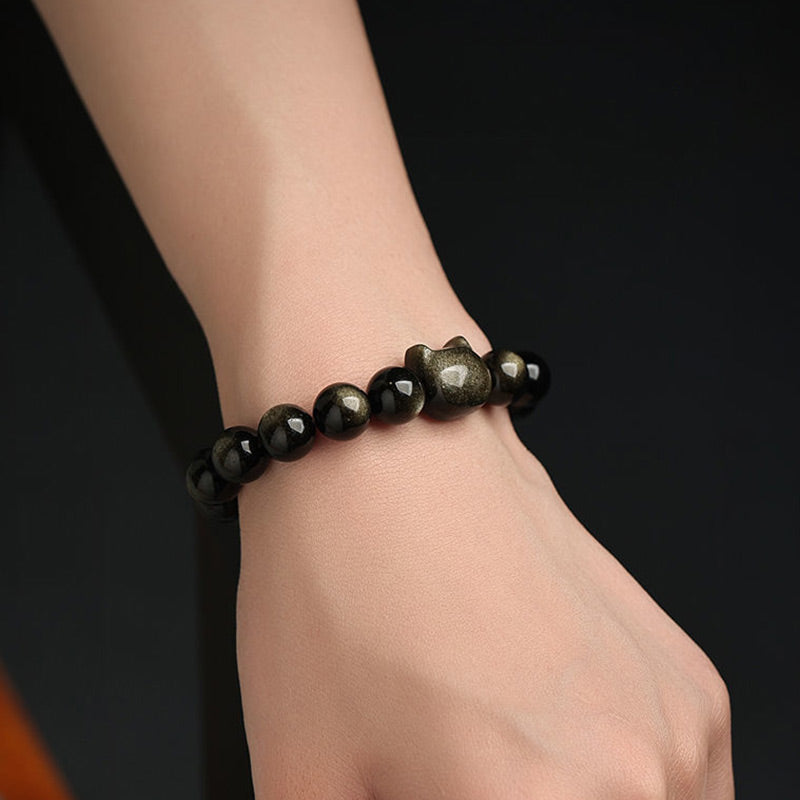 Armband Gold Silber Obsidian Katze - Schutz