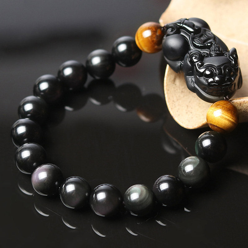 Schwarzes Obsidian Armband Pixiu mit Tigerauge Perlen Wohlstand