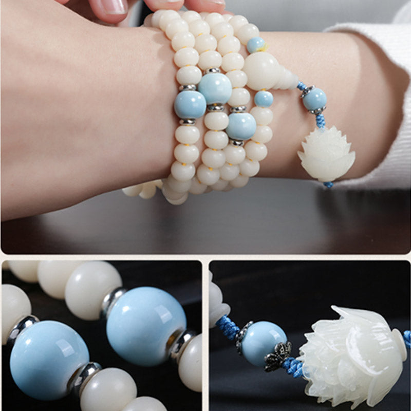 Bodhi Lotus Armband Segen Weiß Blau Perlen Handgelenk getragen