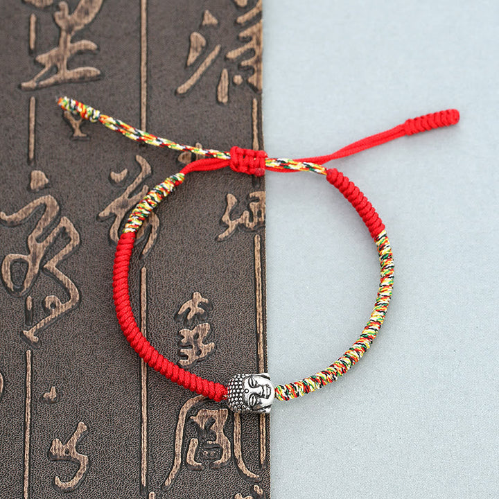 Rotes Armband Bunt Geflochten Knoten Buddha Silber Charm elastisch
