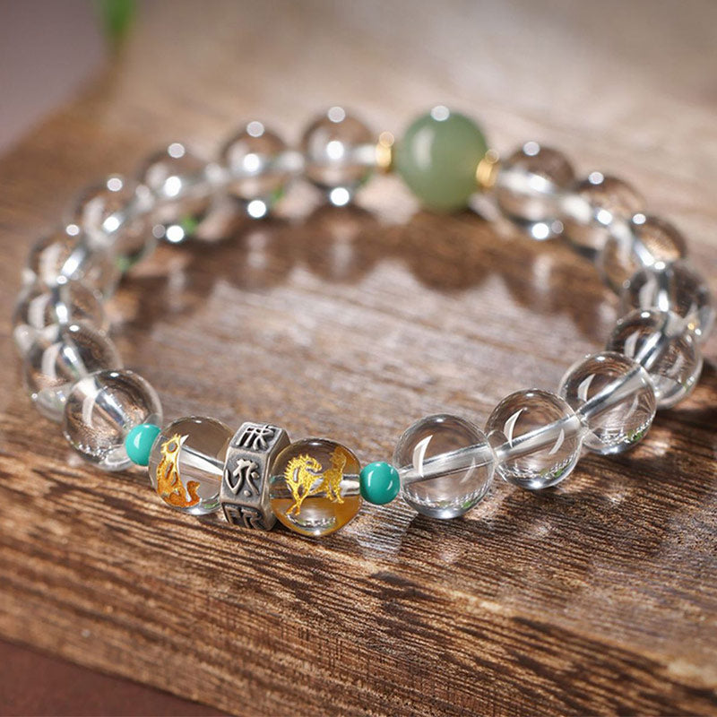 Armband 925 Silber Weißer Kristall Chinesisches Tierkreis Heilung grün