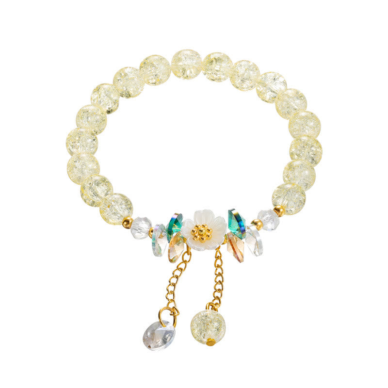 Armband Blume Glas mit gelben Perlen und Blütenanhänger elastisch