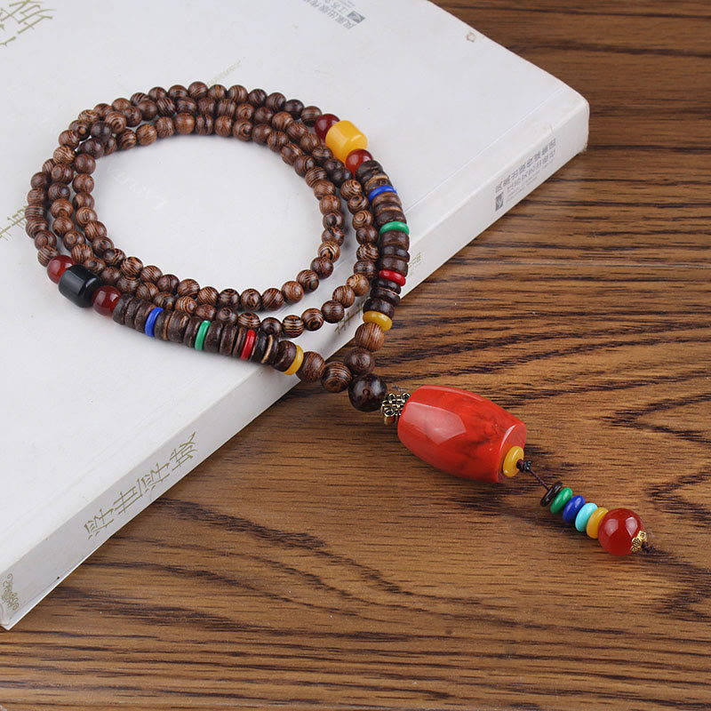 Anhänger Kette Tibetischer Bodhi Achat Harmonie Holzperlen