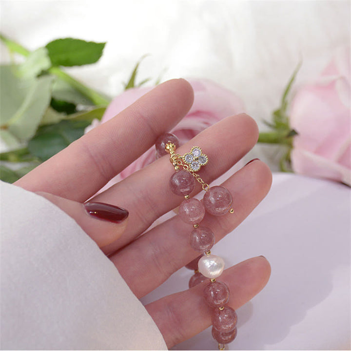 Armband Erdbeerquarz Perle Kleeblatt – Liebe elegante Handgestaltung