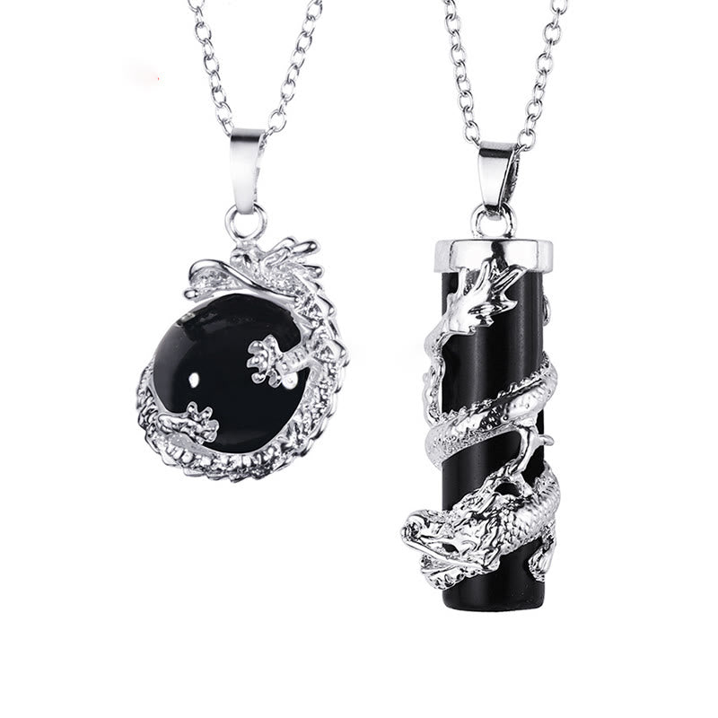 Kette Obsidian Drachen Silber Anhänger schwarzer Stein eleganter Schmuck