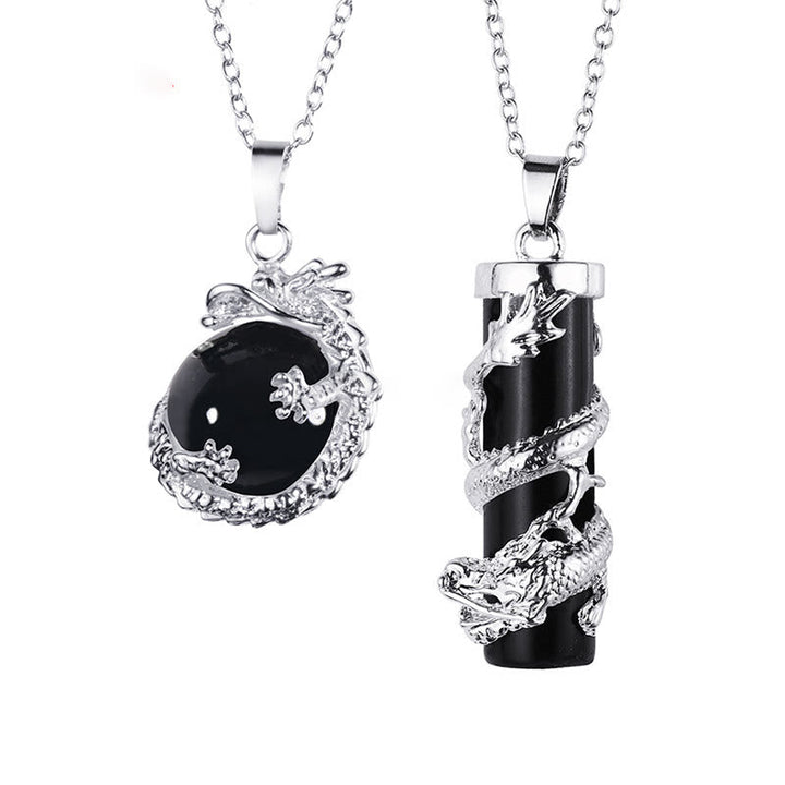 Kette Obsidian Drachen Silber Anhänger schwarzer Stein eleganter Schmuck