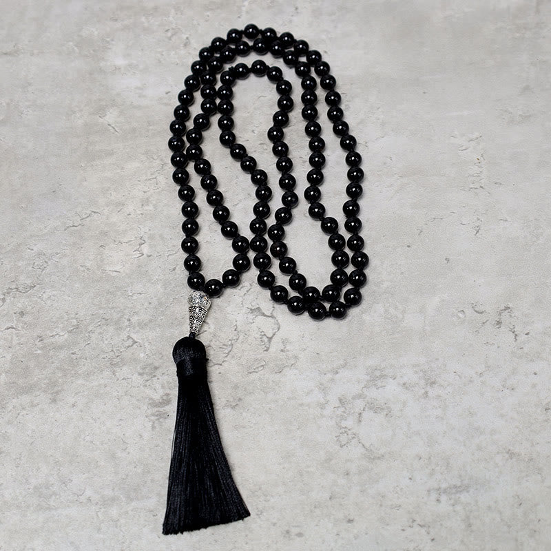 Mala 108 Schwarzer Onyx flach arrangiert mit schwarzer Quaste Meditationsperlen