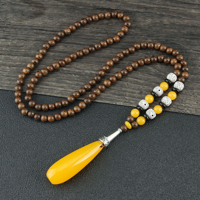 Anhänger Kette Tibetischer Bodhi Achat Harmonie gelb Holzperlen