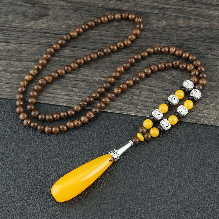 Anhänger Kette Tibetischer Bodhi Achat Harmonie gelb Holzperlen