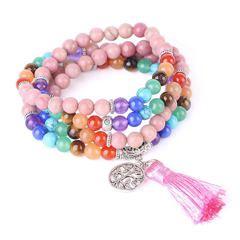 Mala Kristall Heilung Energie Armband Perlen bunt Quaste rosa