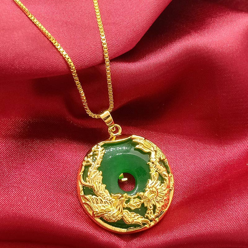 Kette Jade Drachen Anhänger Gold grüner Naturstein Glück Stärke