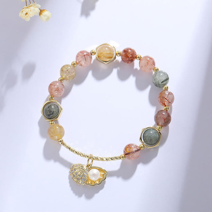 Armband Bunt Rutilquarz Shell Schutz elastisch Naturstein golden verziert
