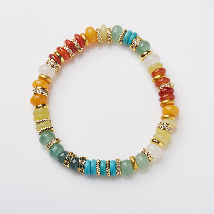 Armband Roter Achat Jade mit bunten Steinen und Goldperlen elastisch