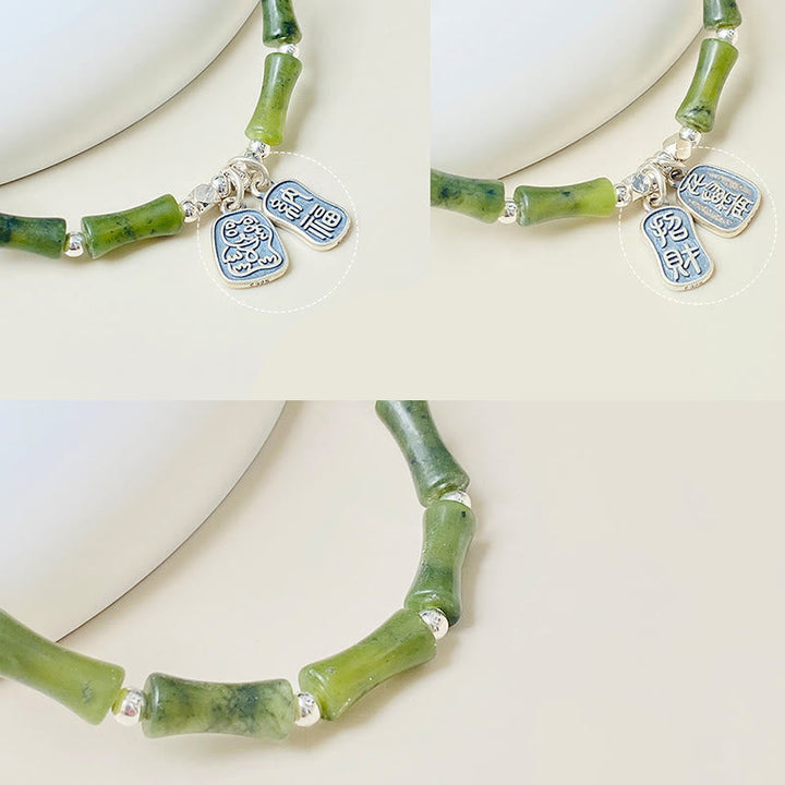 Grünes Jade Armband 925 Silber mit Fu-Zeichen Anhängern Glück Fülle