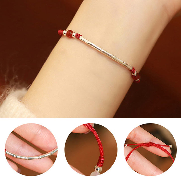 Rotes Achat Bambus Armband 925 Silber am Handgelenk getragen Detailansicht