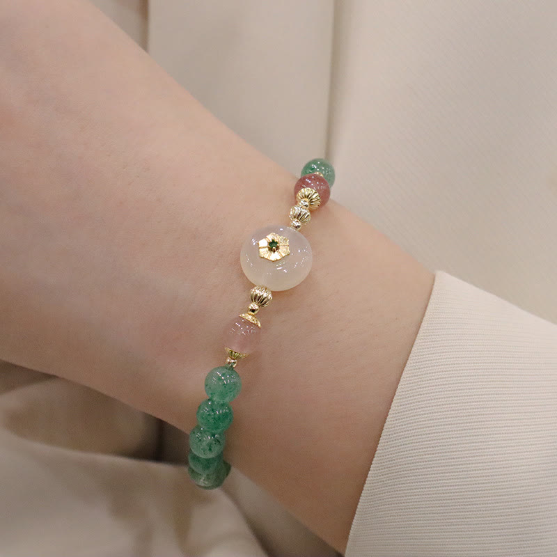 Armband Erdbeerquarz Balance Naturstein grüne Jade goldene Perlen elegant
