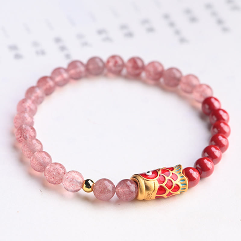 Armband Erdbeerquarz Zinnober Koi Fisch elastisch Naturstein Perlen