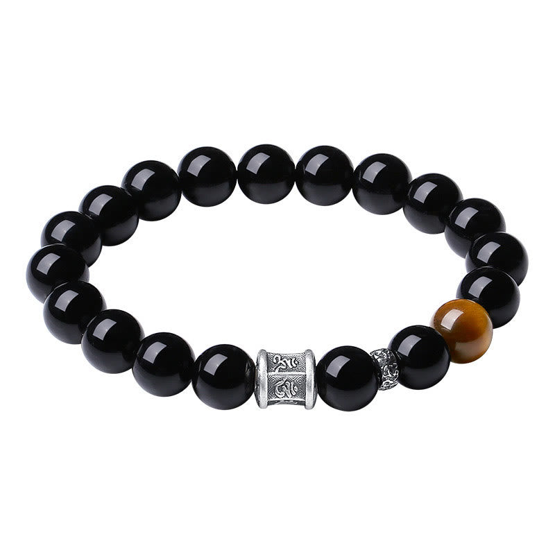 Armband 925 Silber Schwarzer Obsidian Om Mani Padme Hum elastisch Perlen