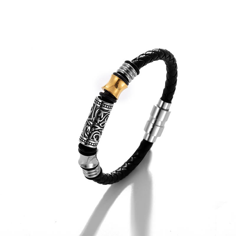 Armband Tang Dynastie Blume Glück schwarzes Leder Edelstahl elegant