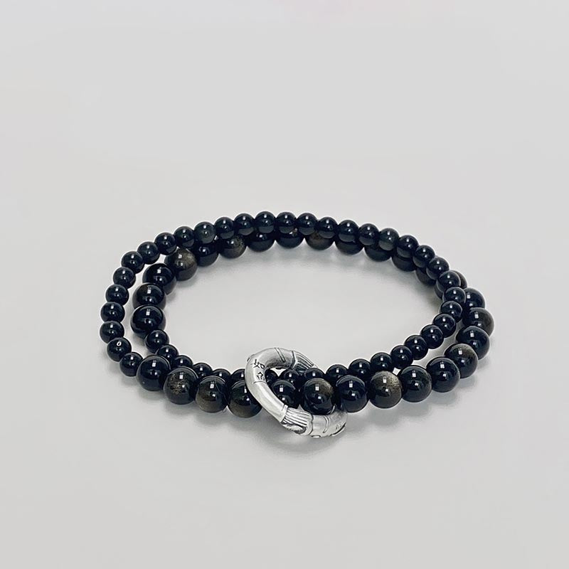 Schwarzes Obsidian Armband 925 Silber Mond-Verschluss elegante Perlen