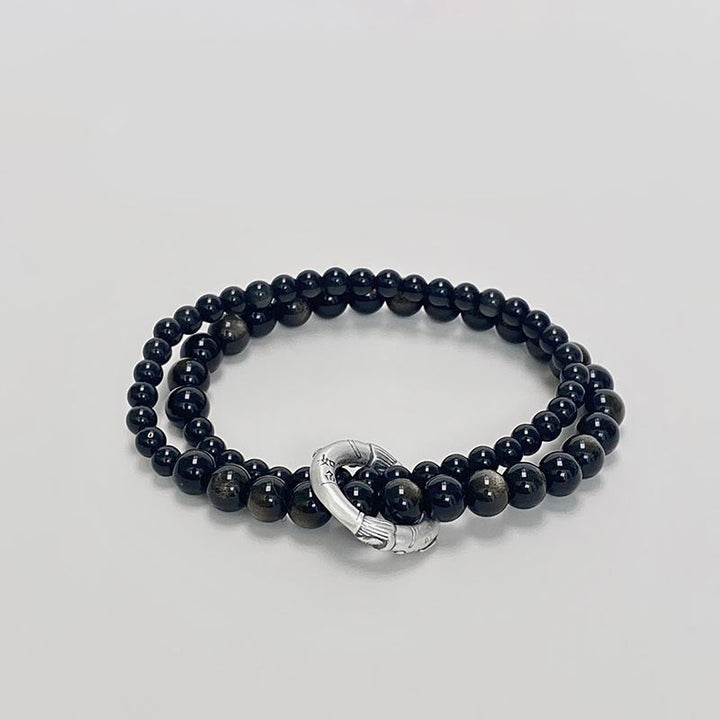 Schwarzes Obsidian Armband 925 Silber Mond-Verschluss elegante Perlen