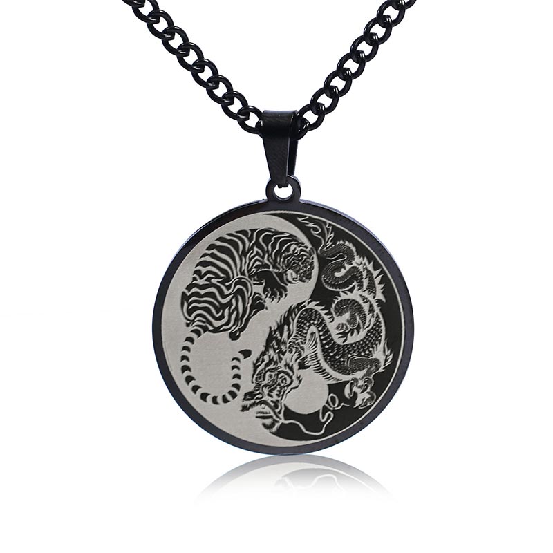 Kette Titan Tiger Drachen Anhänger schwarze Halskette Yin Yang Design