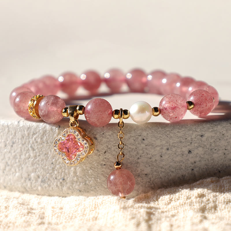 Armband Erdbeerquarz Perle Kleeblatt rosa Naturstein elastisch elegant