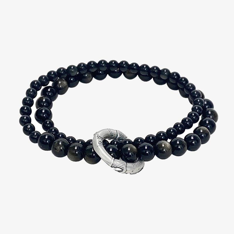 Doppelreihiges Obsidian Armband 925 Silber Verschluss Naturstein schwarz