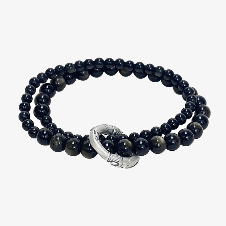 Doppelreihiges Obsidian Armband 925 Silber Verschluss Naturstein schwarz