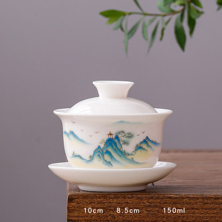 Teetassen Mit Untertasse Gaiwan Berge Porzellan Runde Tasse - Pavillon und Berge