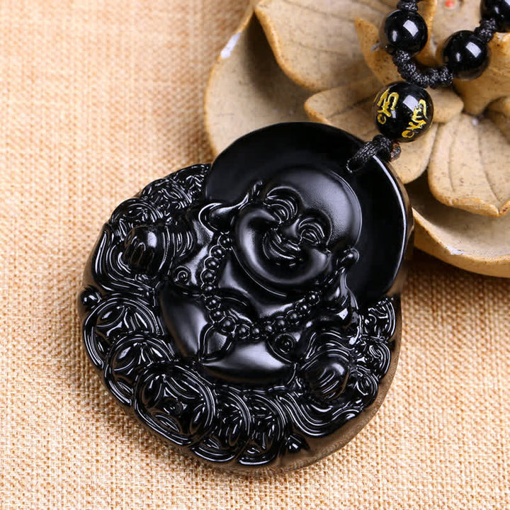 Anhänger Obsidian Lachender Buddha schwarzer Naturstein Schutzamulett Perlenkette