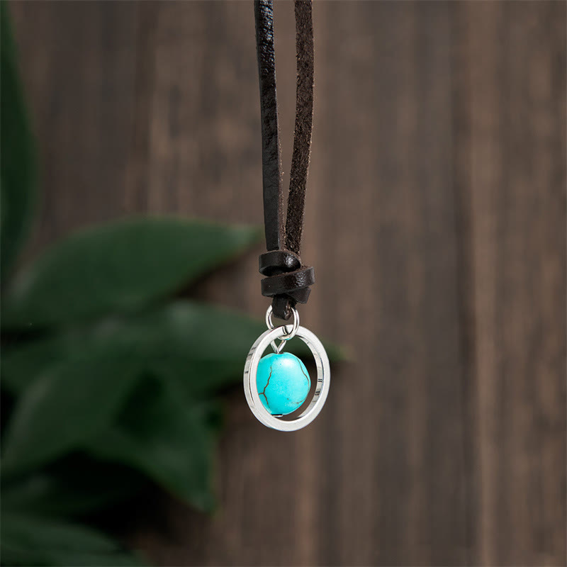 Kette Türkis Ring – Schutz & Stärke Anhänger schwarzes Lederband